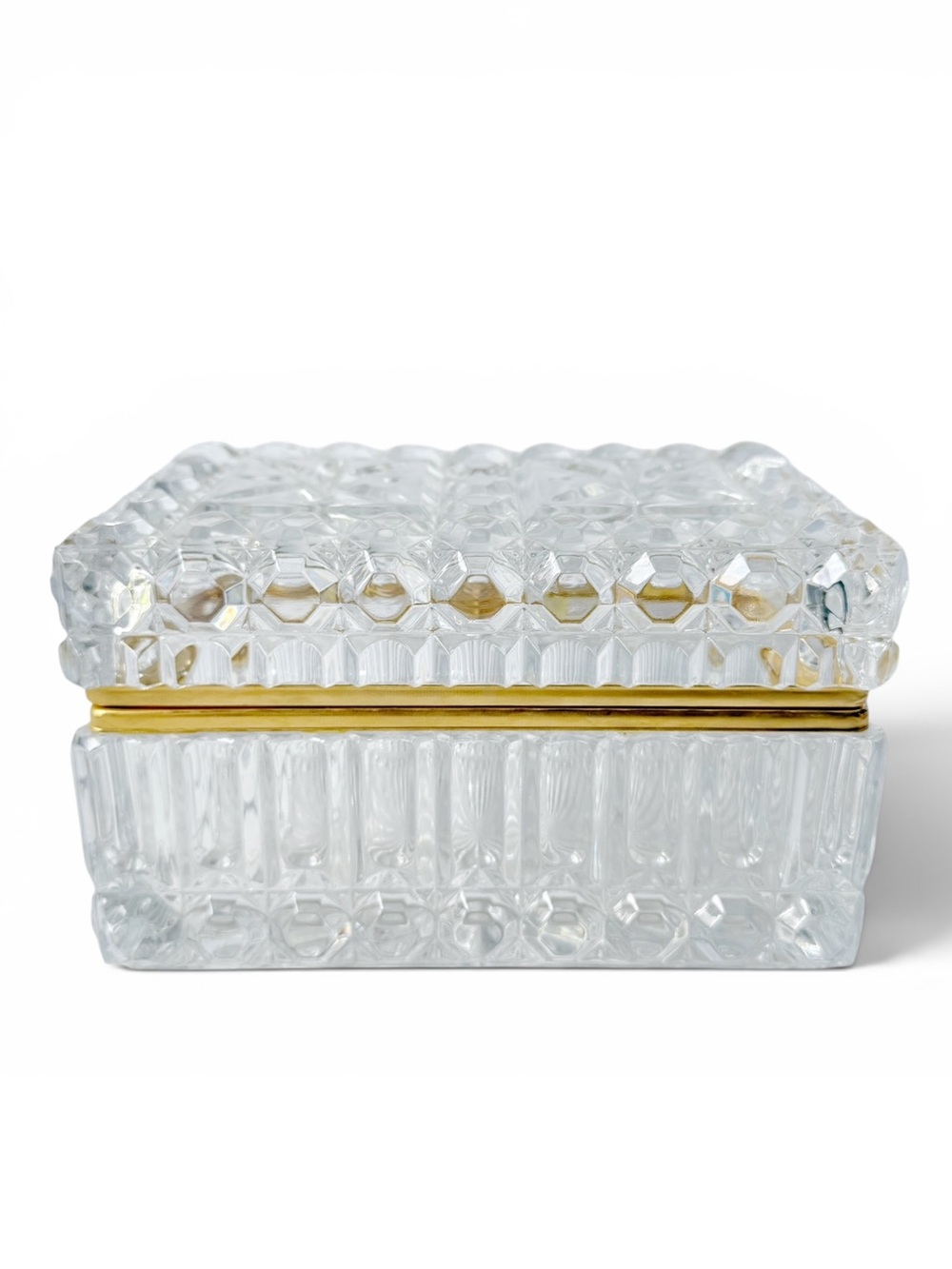 Vintage Lead Crystal Brass Large Rectangular Vanity Casket Jewelry Trinket Box